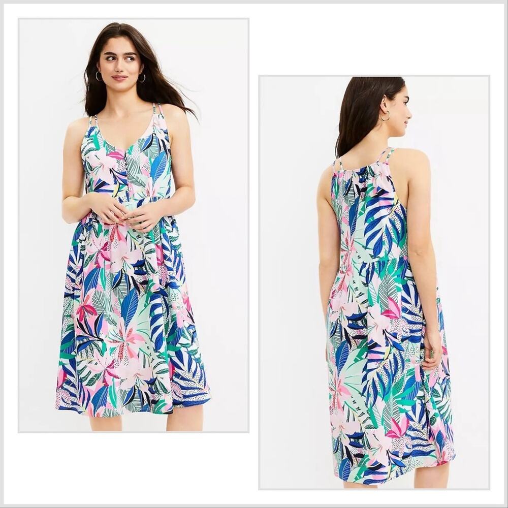 LOFT Floral Midi Dress in Pink, Blue & Green